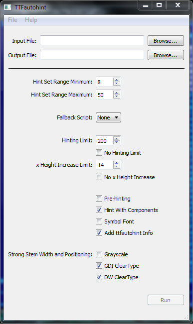 A screen snapshot of the ttfautohint binary version 0.93 on Windows 7